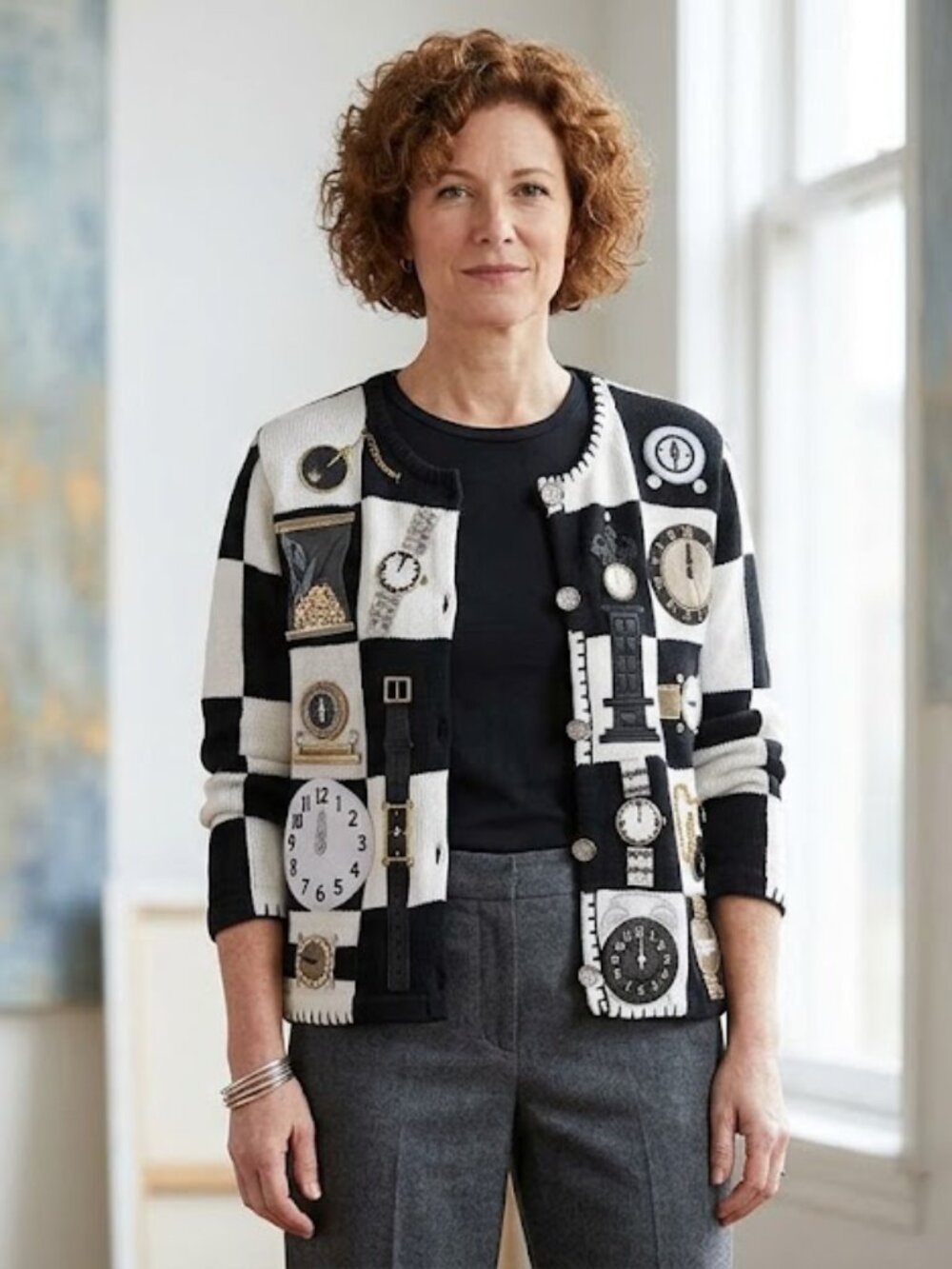 Susan Bristol Vintage Checkerboard Clock Watch Embellished Knit Jacket Size L Bl